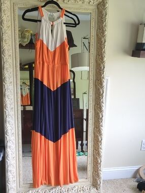 Charming Charlie Orange Navy & White Colorblock Maxi Dress